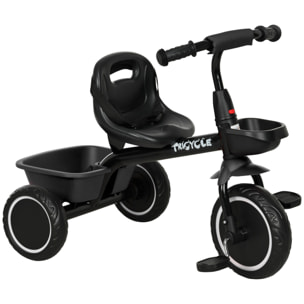 Tricycle pour enfant évolutif avec siège réglable - pédales - 2 paniers - ceinture - pour enfant de 2 à 5 ans - noir