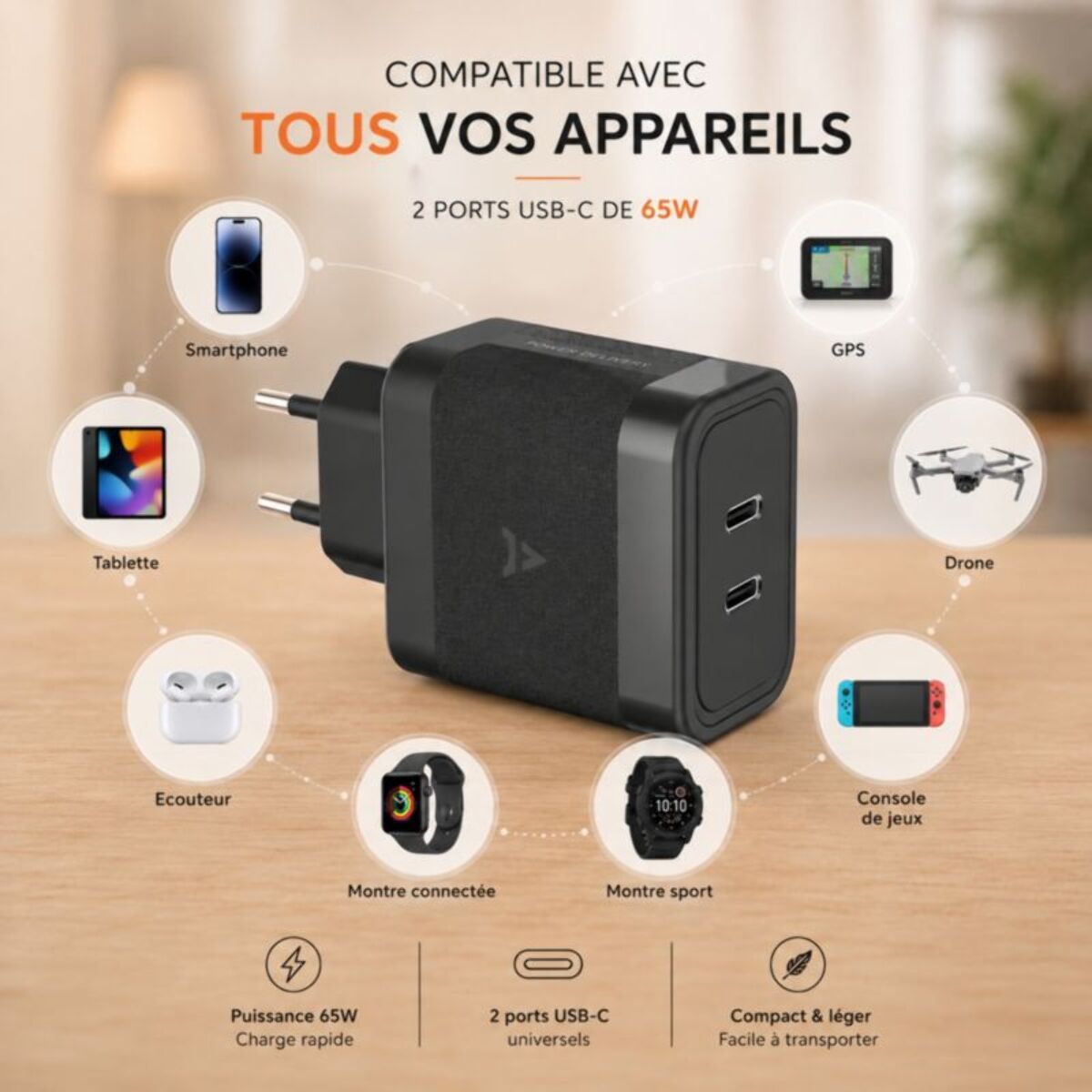 Chargeur ordinateur portable ADEQWAT 65W charge rapide 2 USB-C - Noir