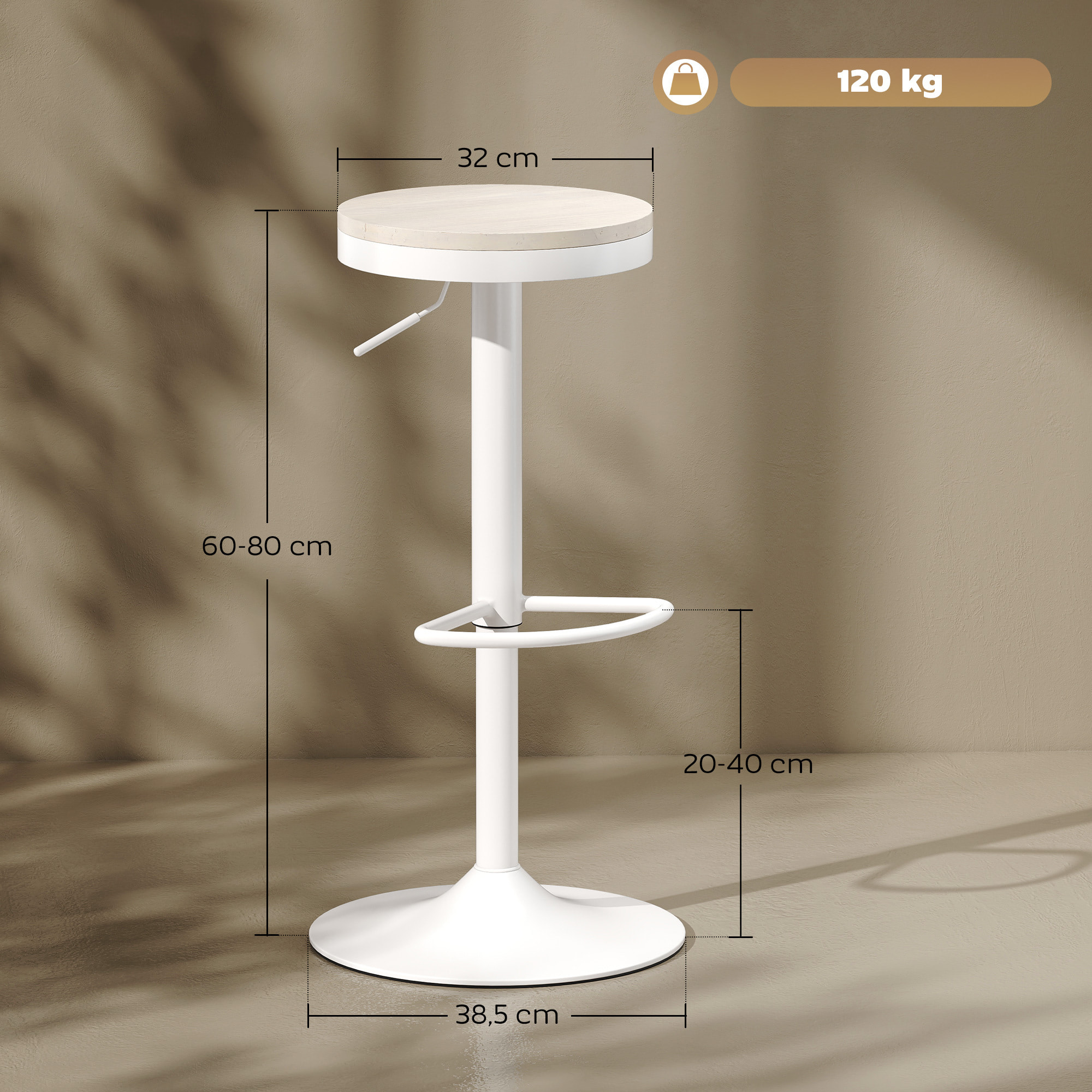 Lot de 2 tabourets de bar réglables pivotants assise ronde bois hévéa acier blanc