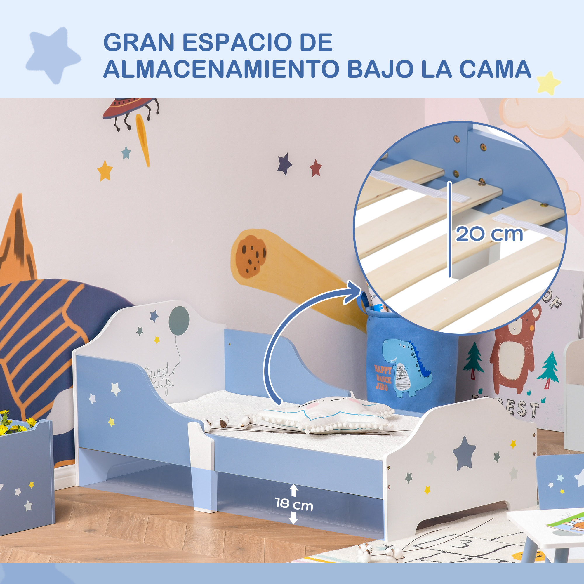 Cama para Niños de +3 Años 143x74x59 cm Cama Infantil de Madera con Estampado con Estrellas Carga 50 kg para Dormitorio Azul y Blanco