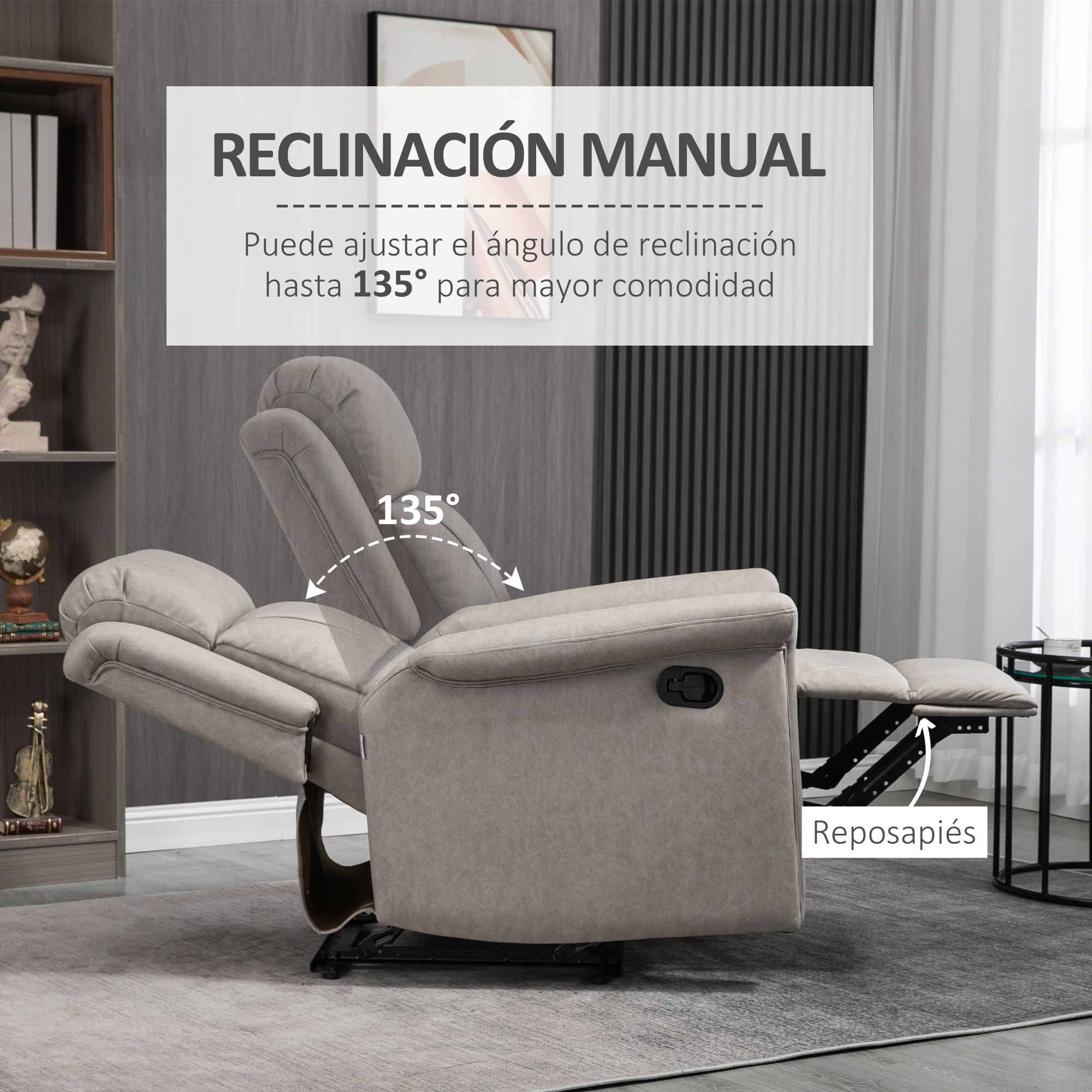 Sillón Relax Reclinable Manual, Sillón Relax de Tela con Reposabrazos, Reposapiés, Respaldo Alto, Acolchado Grueso, Butaca Reclinable hasta 135Âº para Salón, Dormitorio, Oficina, Gris