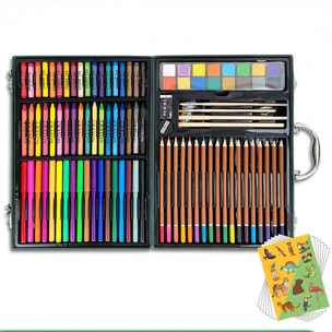 Valigia belle arti 118 pezzi con matite e pennarelli, acquerelli, pastelli, pennelli e accessori. Design giungla.