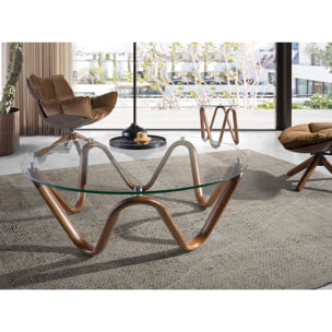 Mesa centro redonda con tapa de cristal templado y patas de madera en nogal 115x115x38cm