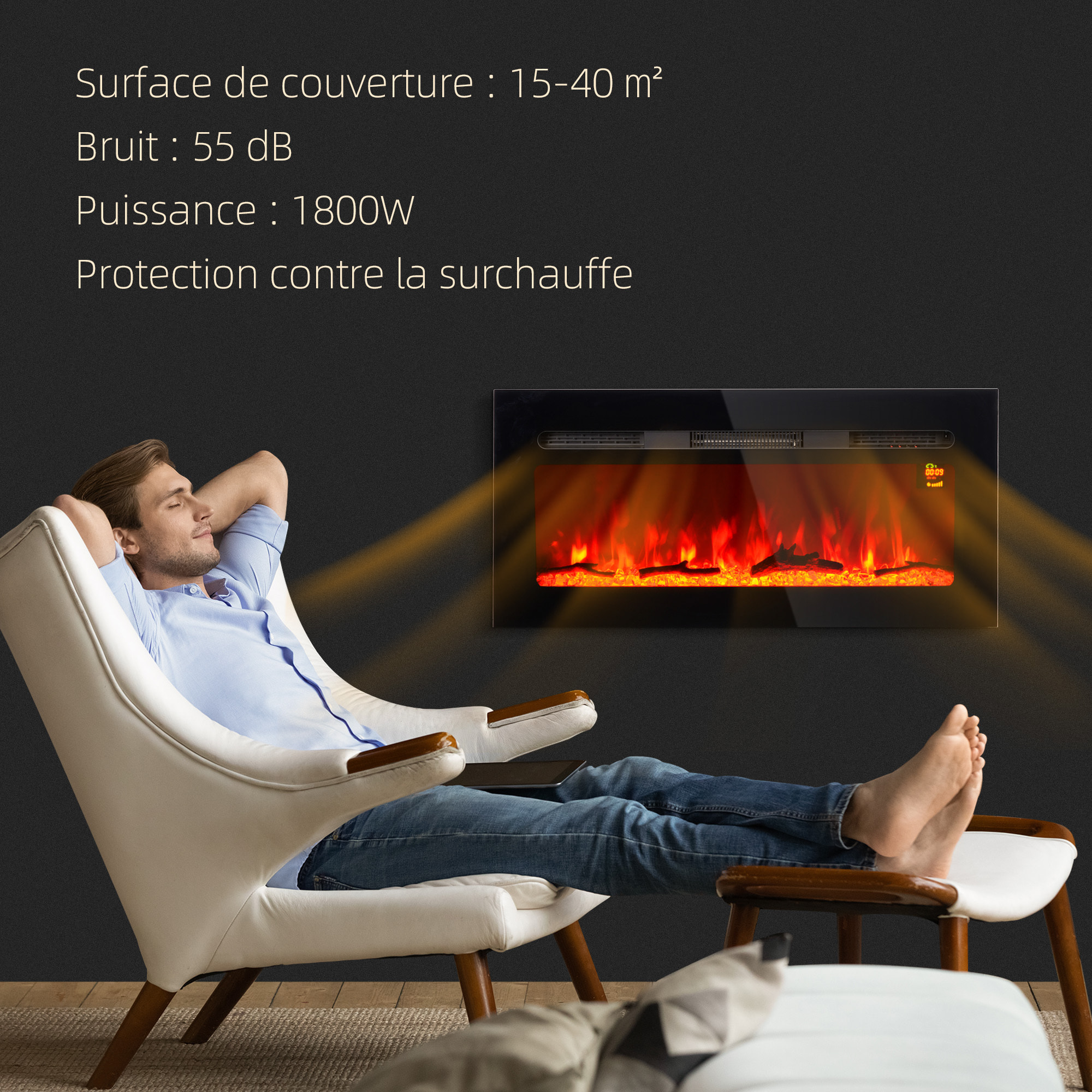 Cheminée électrique 1800W effets flammes LED 3D réglables - timer, thermostat, télécommande - noir