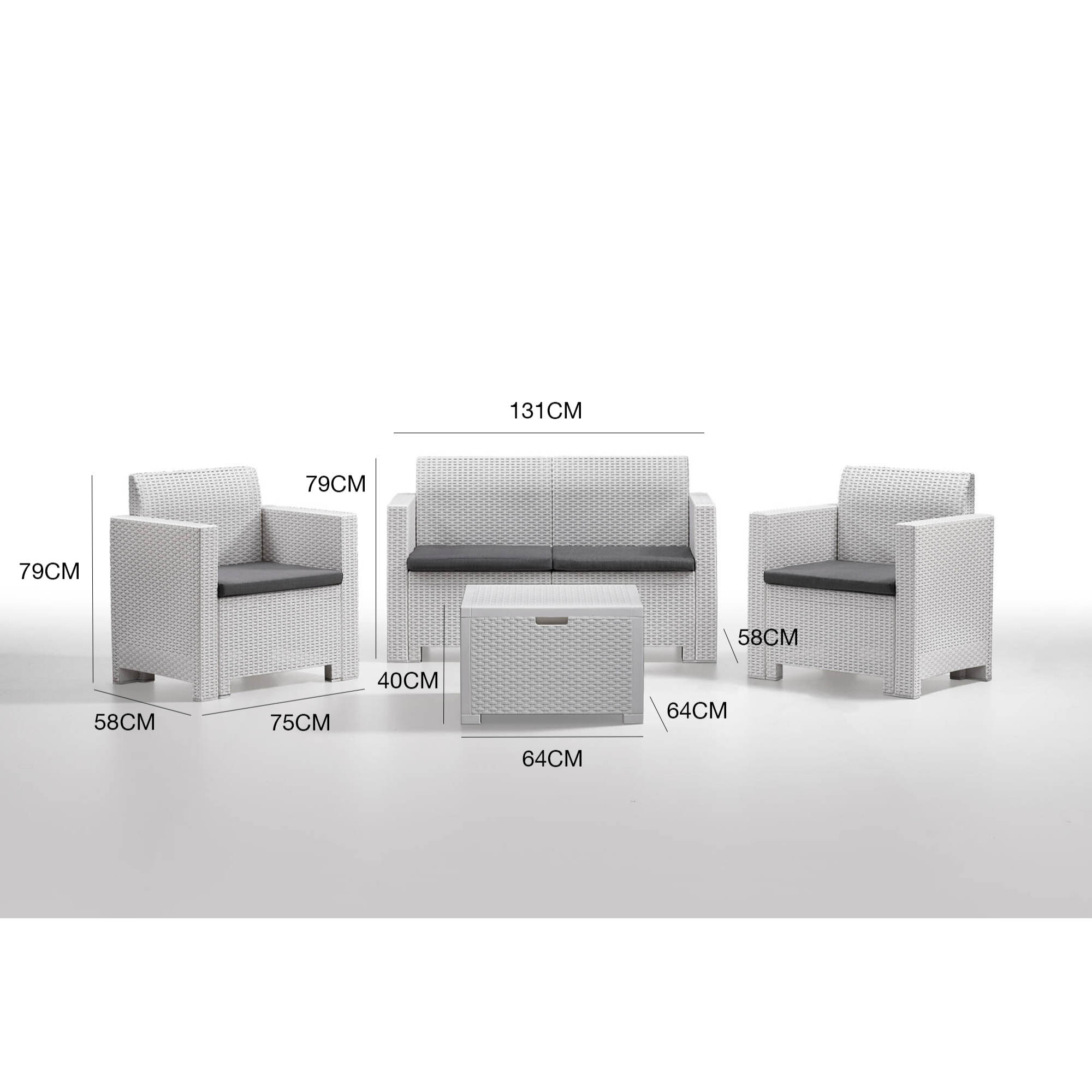 Set salotto da esterno Venere, Set da giardino con cuscini, Salottino indoor e outdoor effetto rattan, 100% Made in Italy, Bianco