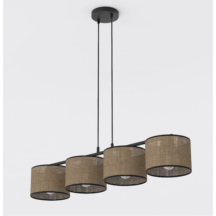 Lampada a sospensione ECO a 4 luci in acciaio nero e tessuto marrone