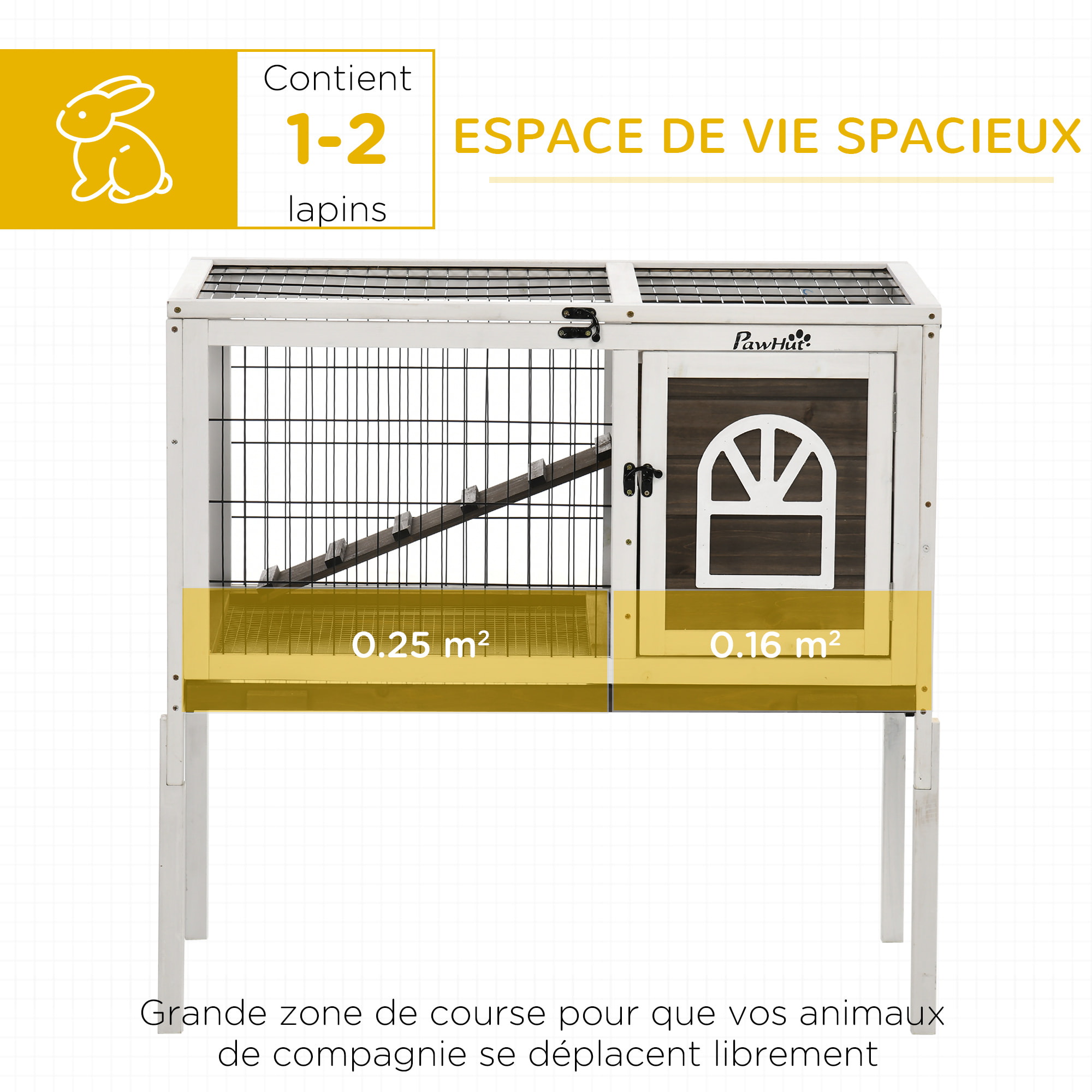 Clapier cage à lapin - 2 portes verrouillables, toit ouvrant, plateau excrément - bois foncé blanc