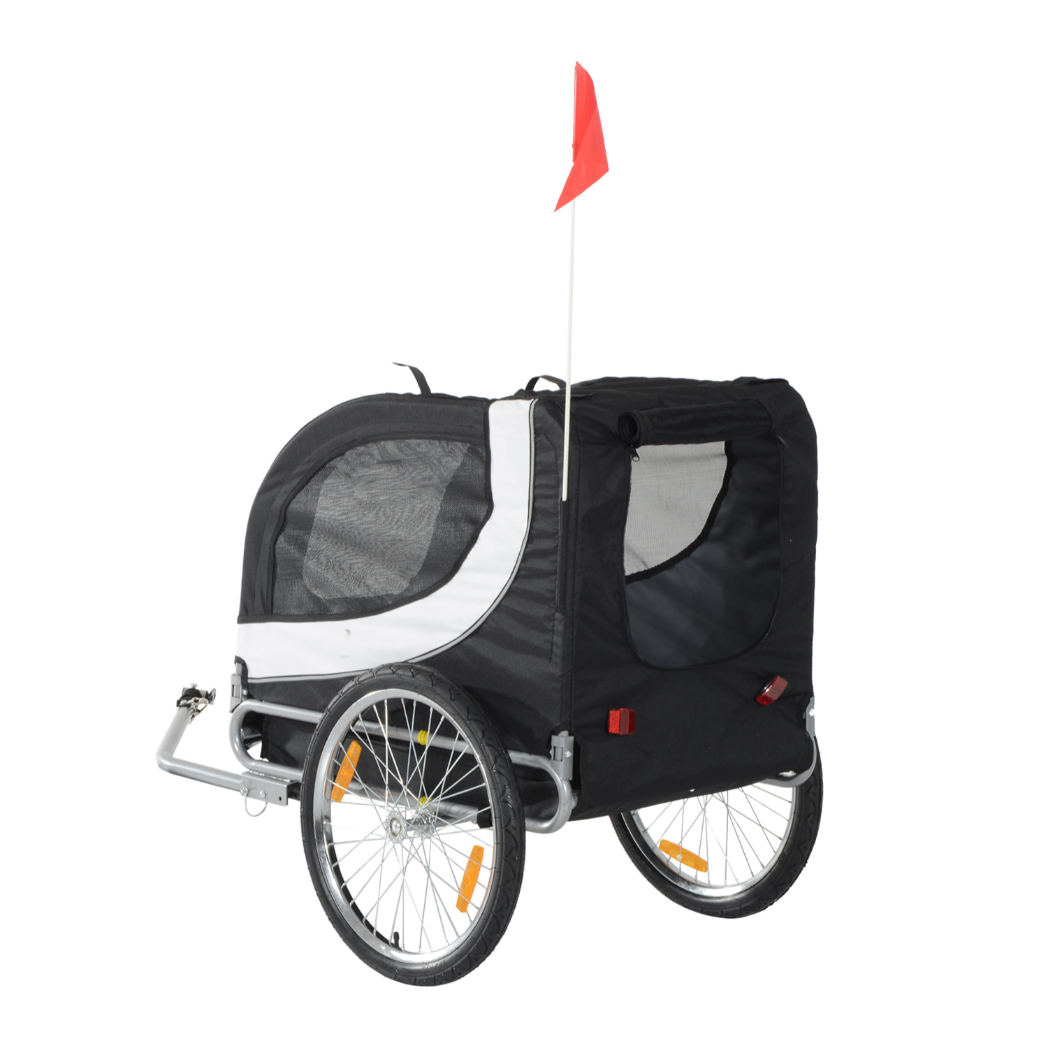 Remorque velo pour chien animaux avec drapeau et 8 reflecteurs blanc et noir