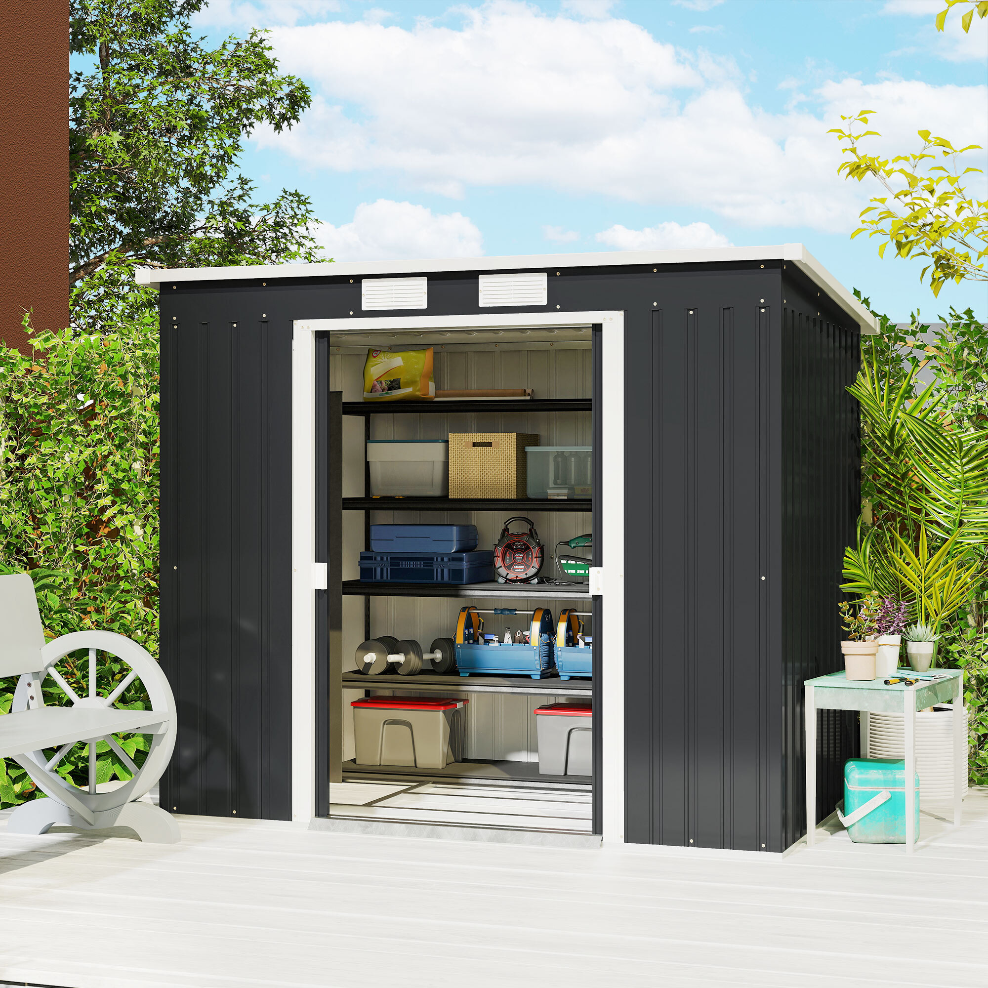 Caseta de Jardín Exterior 2,4 m², 213x130x172 cm, Cobertizo de Jardín Exterior Metálico con Puerta Corredera, Techo Inclinado, Base Refuerzo (Suelo NO Incluido) y 2 Ventanas, Gris Oscuro