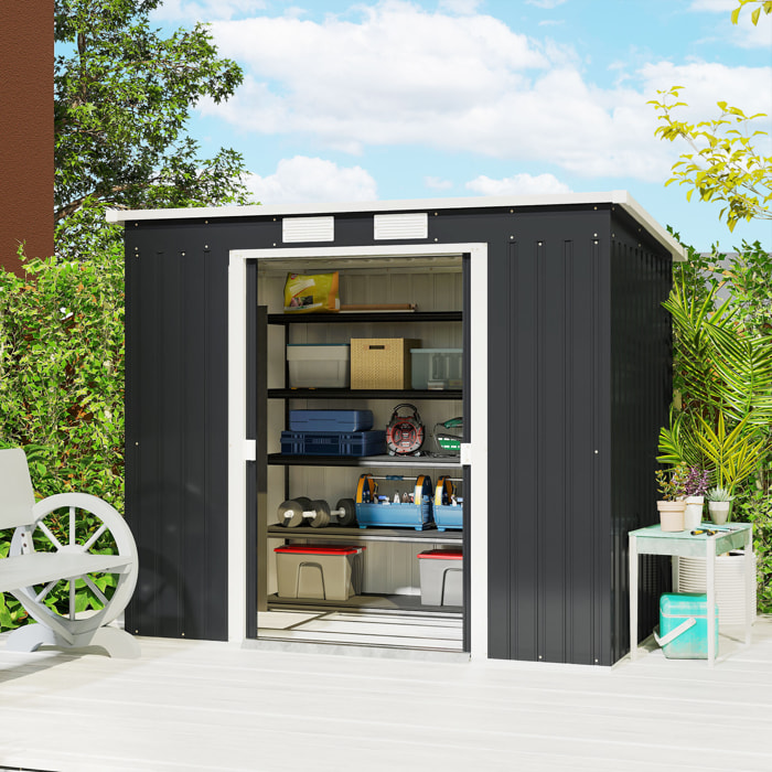 Caseta de Jardín Exterior 2,4 m², 213x130x172 cm, Cobertizo de Jardín Exterior Metálico con Puerta Corredera, Techo Inclinado, Base Refuerzo (Suelo NO Incluido) y 2 Ventanas, Gris Oscuro