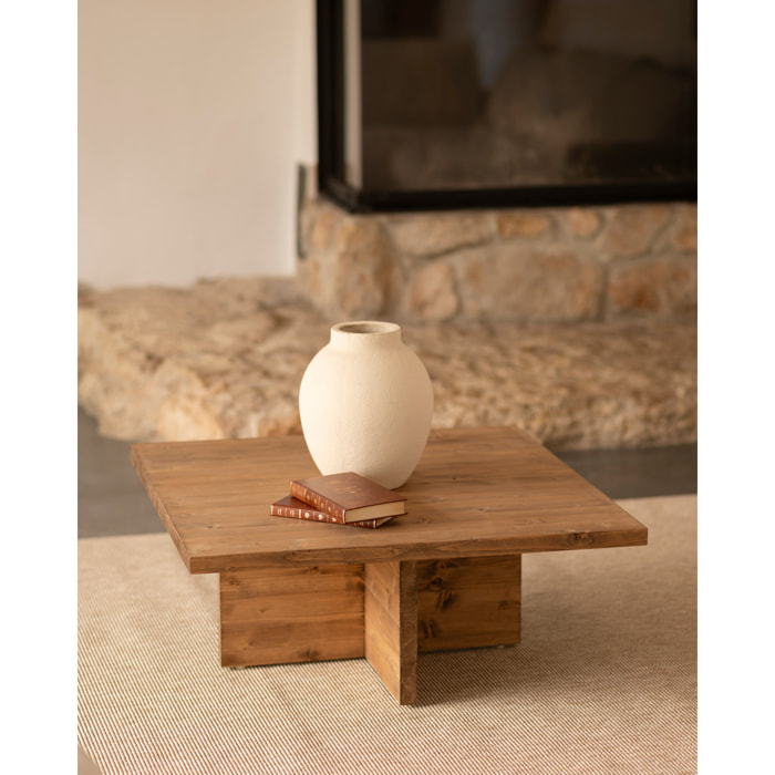 Table basse carrée en bois massif ton chêne foncé de 80x80cm Hauteur: 33.2 Longueur: 80 Largeur: 80