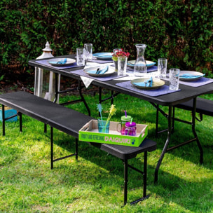 Banco plegable acabado con efecto ratán color negro 183x30x43cm y con asa para facilitar su desplazamiento