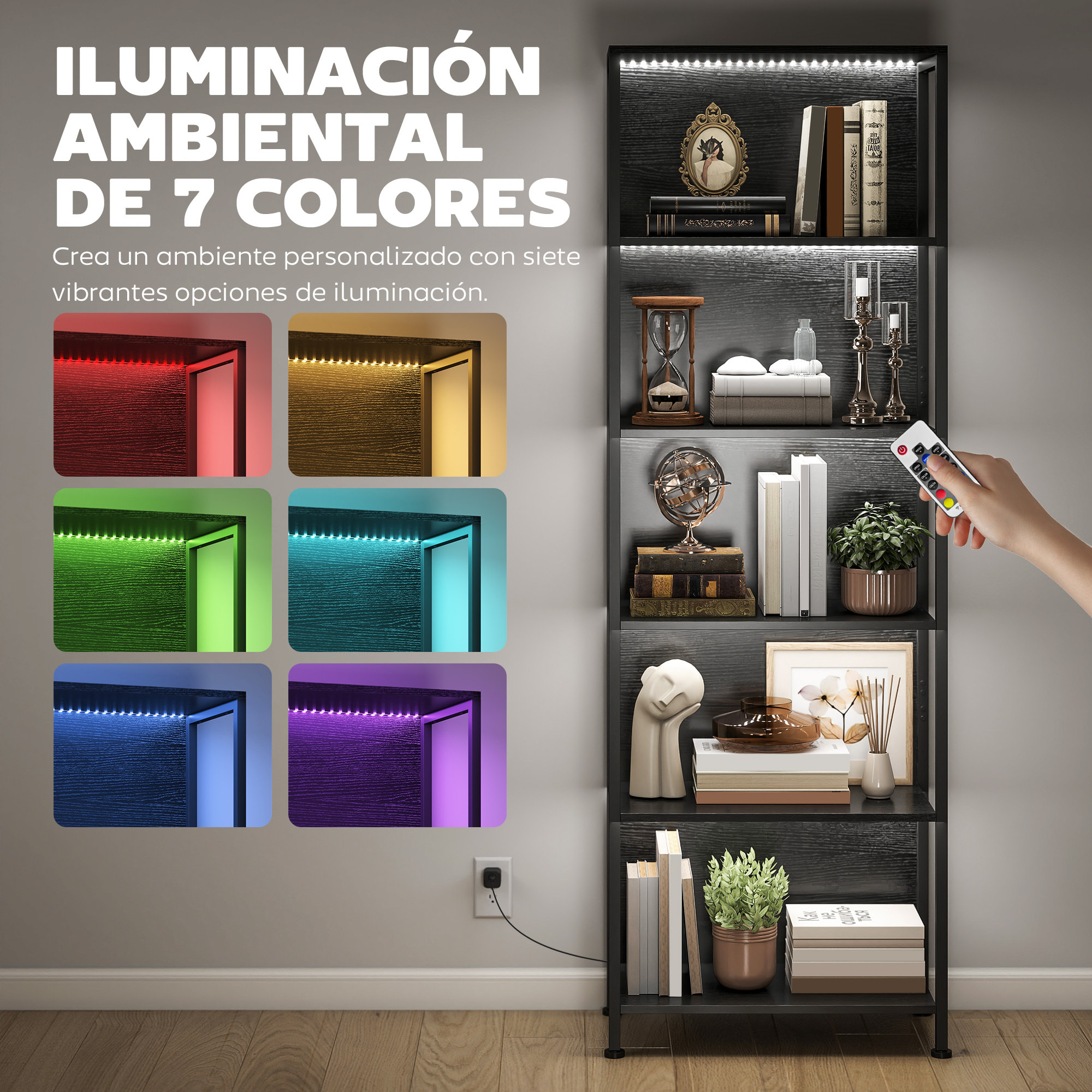Librería de 5 Niveles con Luces LED de 7 Colores, Estantería para Libros, 60x30x179 cm, Estantería Industrial con Marco de Acero, para Salón, Dormitorio, Estudio, Oficina, Negro