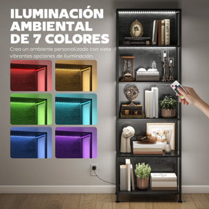 Librería de 5 Niveles con Luces LED de 7 Colores, Estantería para Libros, 60x30x179 cm, Estantería Industrial con Marco de Acero, para Salón, Dormitorio, Estudio, Oficina, Negro