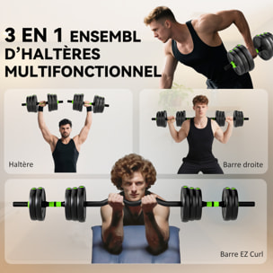 Ensemble d'haltères musculation multifonction 3 en 1 - haltères, Olympic barre, Curl EZ barre - total 20Kg - PVC vert noir