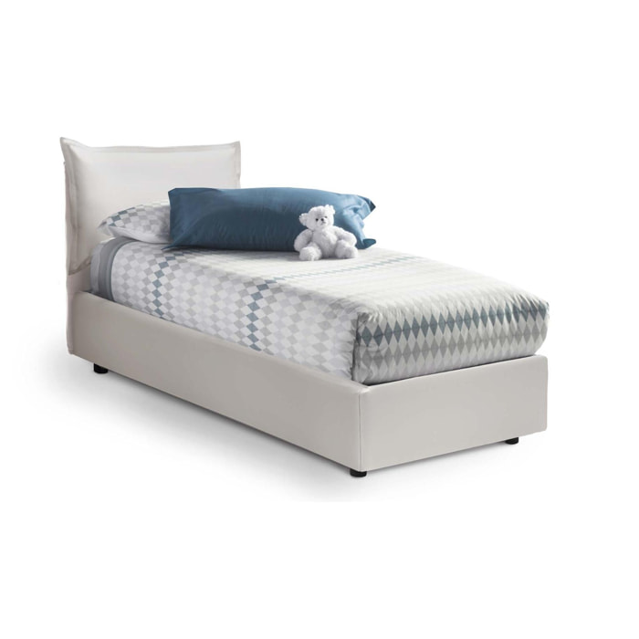 Letto singolo Livia, Letto contenitore con rivestimento in ecopelle, 100% Made in Italy, Apertura laterale, adatto per materasso Cm 80x190, Bianco