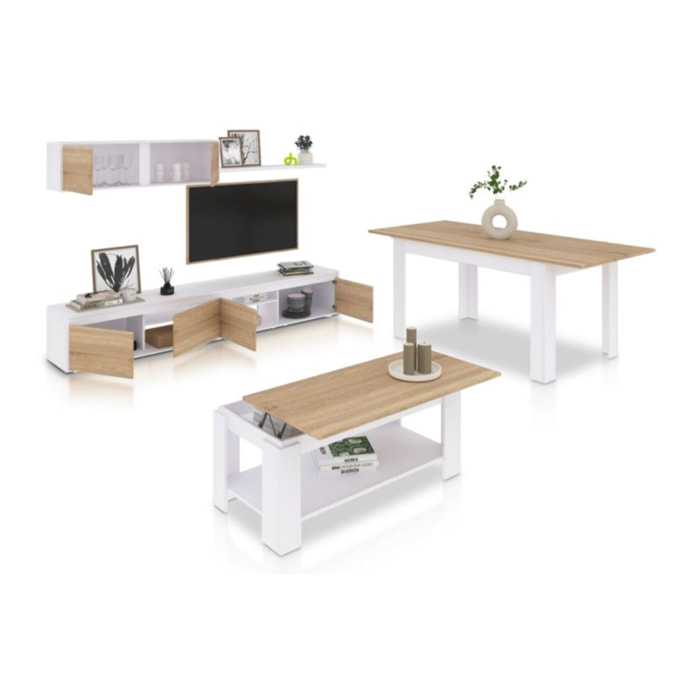 Pack salón con mesa de centro y mesa de comedor Arlet Max Blanco Artik (Blanco Mate) - Roble Canadian