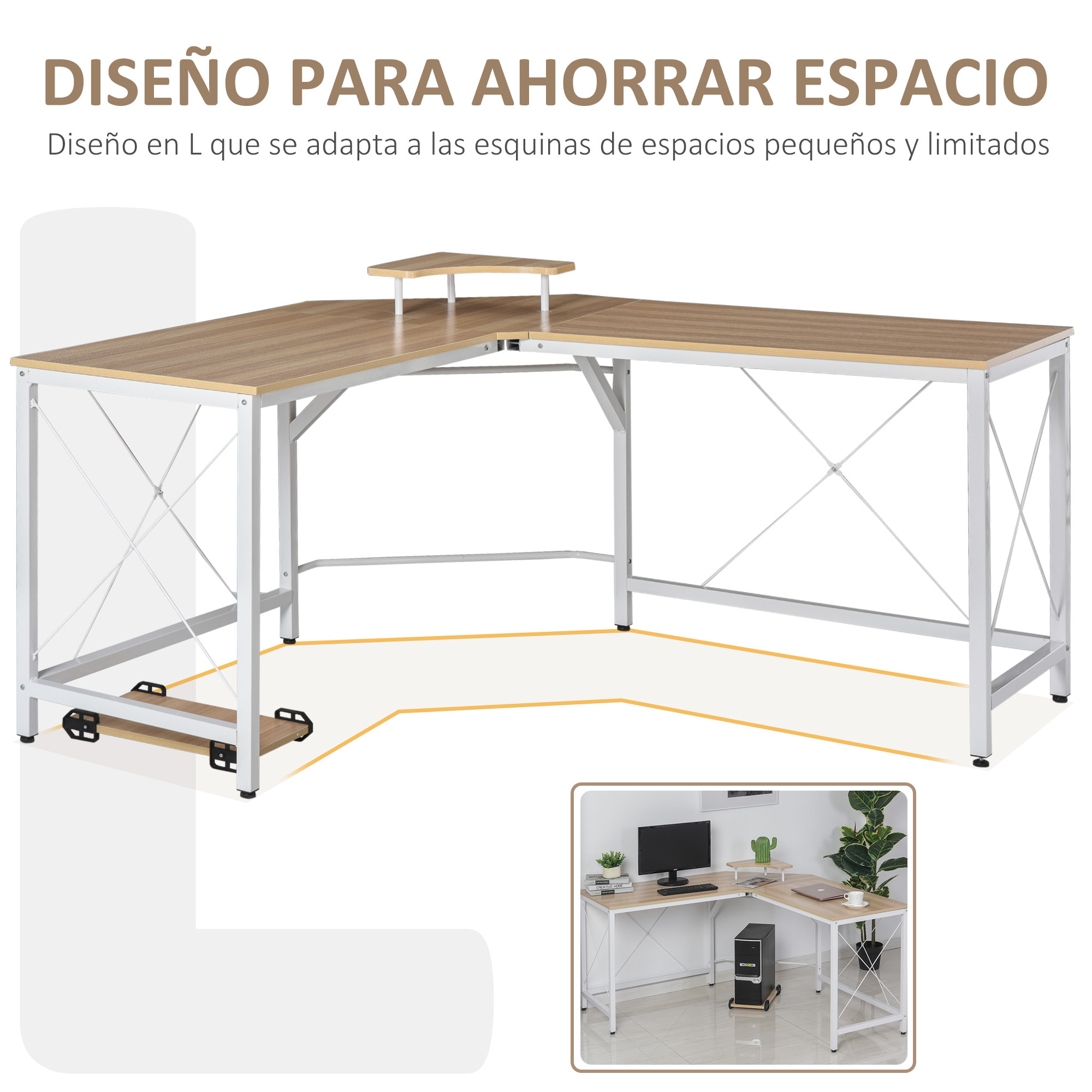 Mesa de Computadora Forma de L con Soporte 150x150x76cm