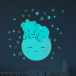 Sticker phosphorescent lumineux - ENFANT BÉBÉ ÉLÉPHANT SUR LA LUNE ET 30 ÉTOILES