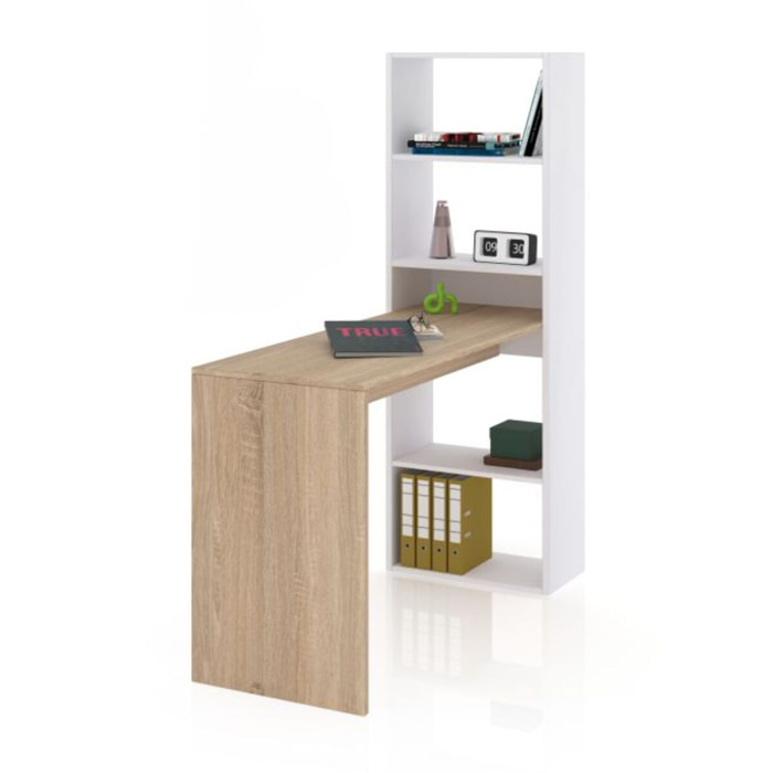Mesa de escritorio con estantería Cosmic Blanco Artik (Blanco Mate) - Roble Canadian