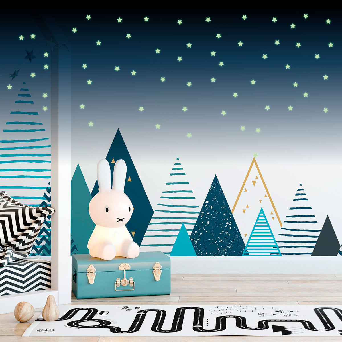 Stickers muraux enfants - Décoration chambre bébé - Autocollant Sticker mural géant enfant montagnes scandinaves MONTAGNES TIPIKA + 100 ÉTOILES PHOSPHORESCENTES