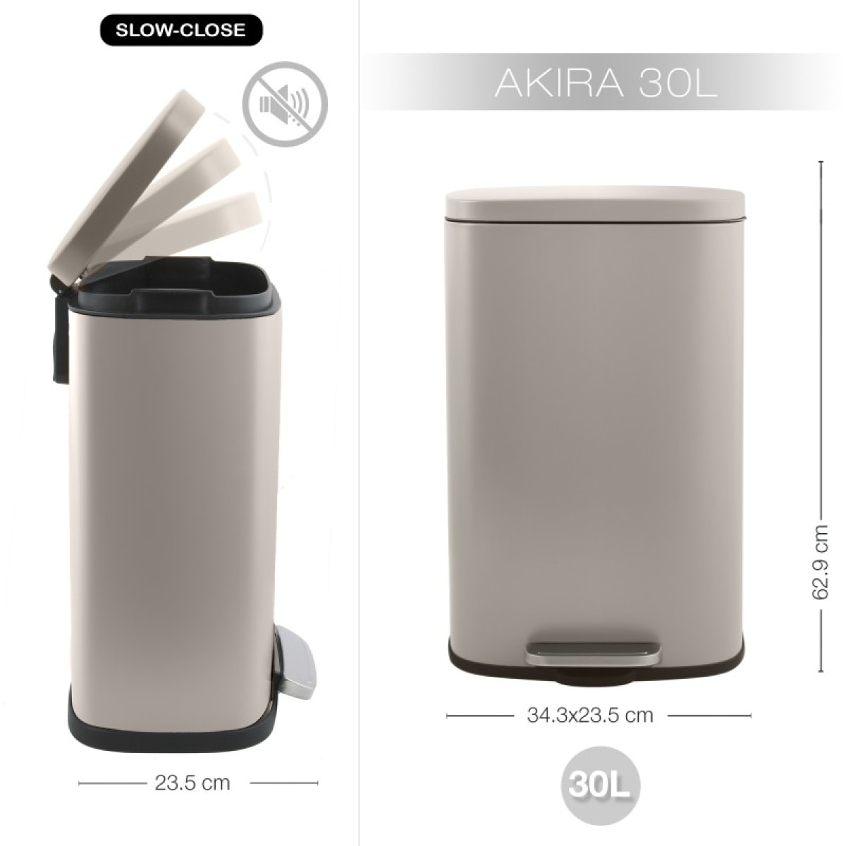 Poubelle à pédale de cuisine Acier AKIRA 30L Taupe mat Spirella