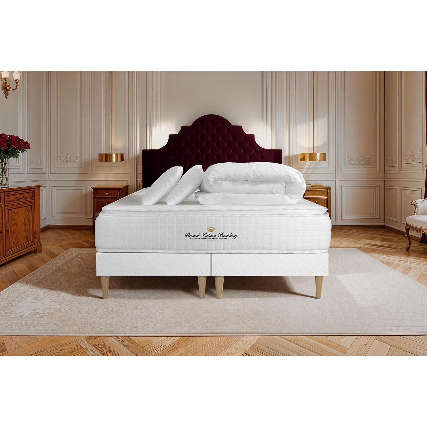 Pack George V + Sommier Tapissier multi-lattes cm d'épaisseur - Matelas à Ressorts ensachés et mémoire de forme de 28cm d'épaisseur