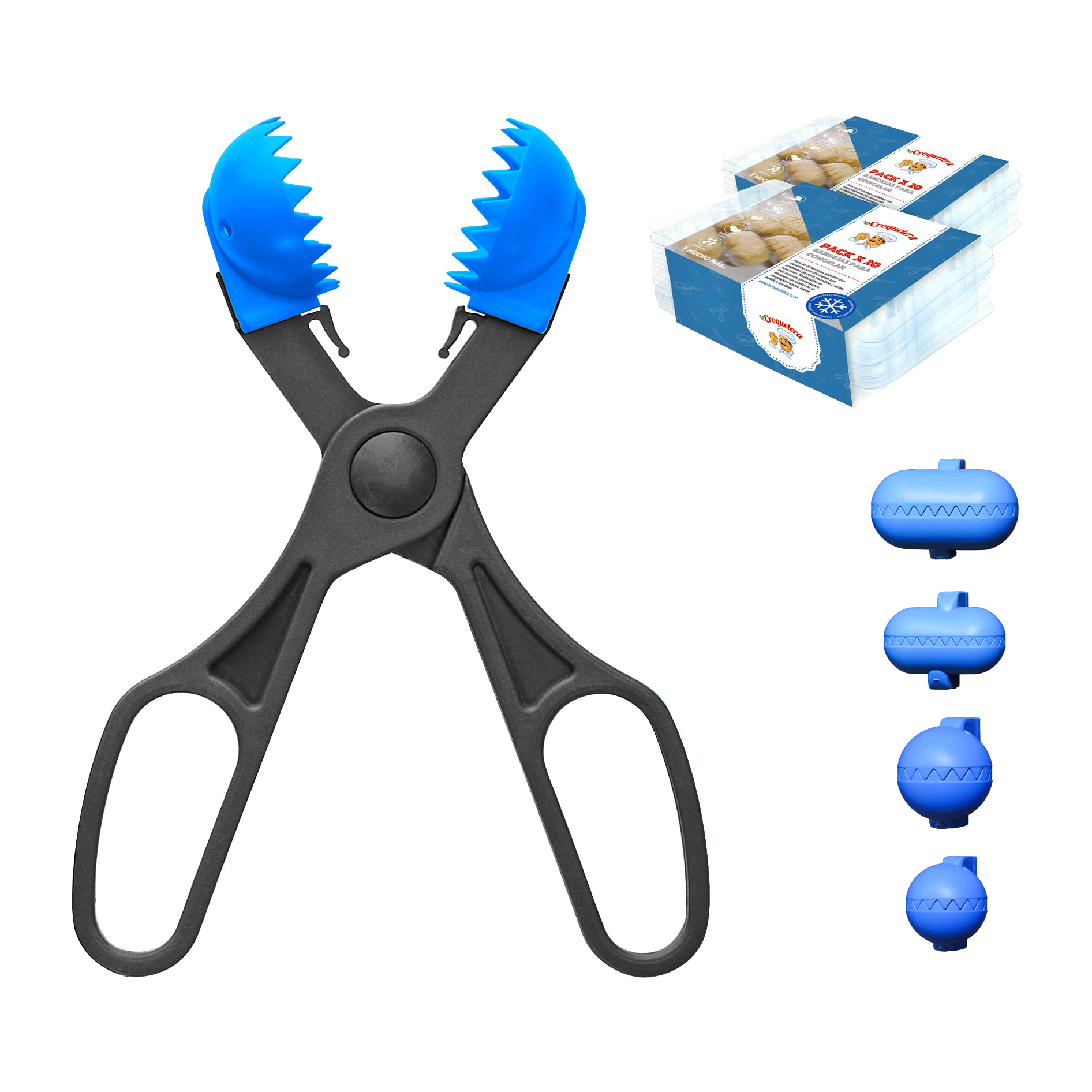Pack utensilio multiusos con 4 moldes intercambiables color azul + 40 bandejas de conservación - La croquetera: patentado y fabricado en España
