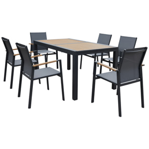 Salon de jardin PALERMO extensible en textilène gris 8 places - aluminium anthracite et effet bois