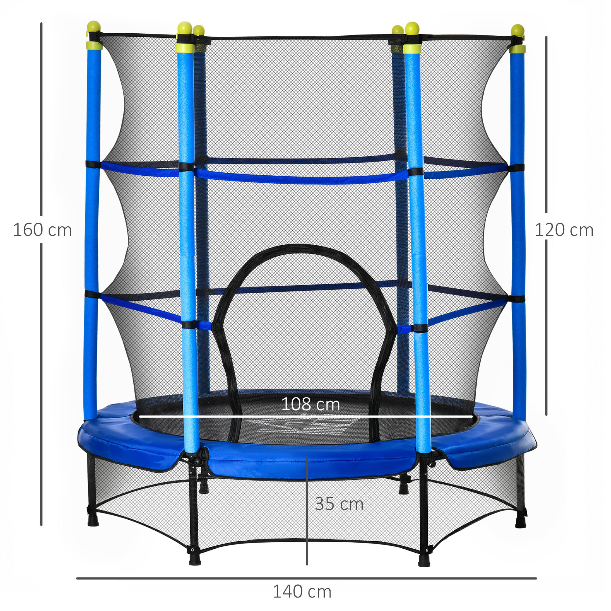 Trampoline enfant Ø 1,40 × 1,60H m filet de sécurité porte zipée couvre-ressorts 6 poteaux rembourrés inclus bleu