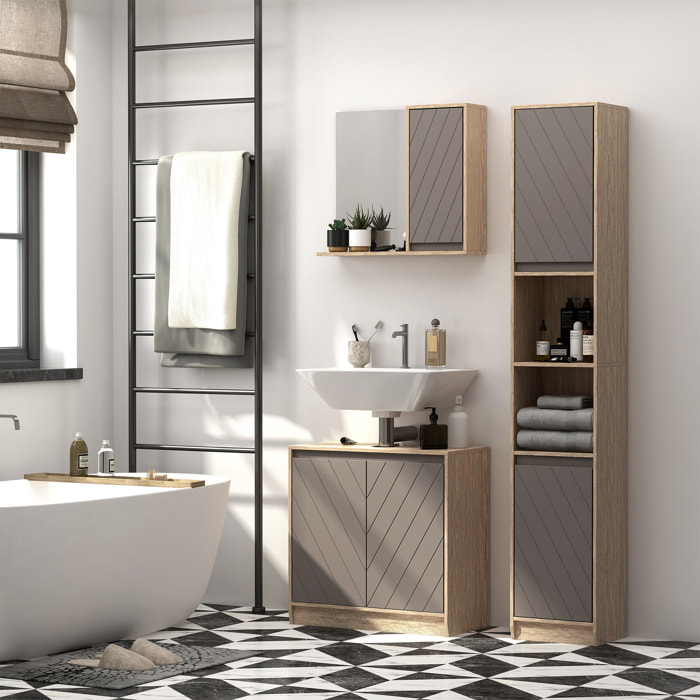 HOMCOM Armario de Baño con Espejo Mueble Auxiliar Montado en Pared con 1 Puerta y Estante Ajustable Estilo Moderno 57x14,2x49,2 cm Roble y Gris