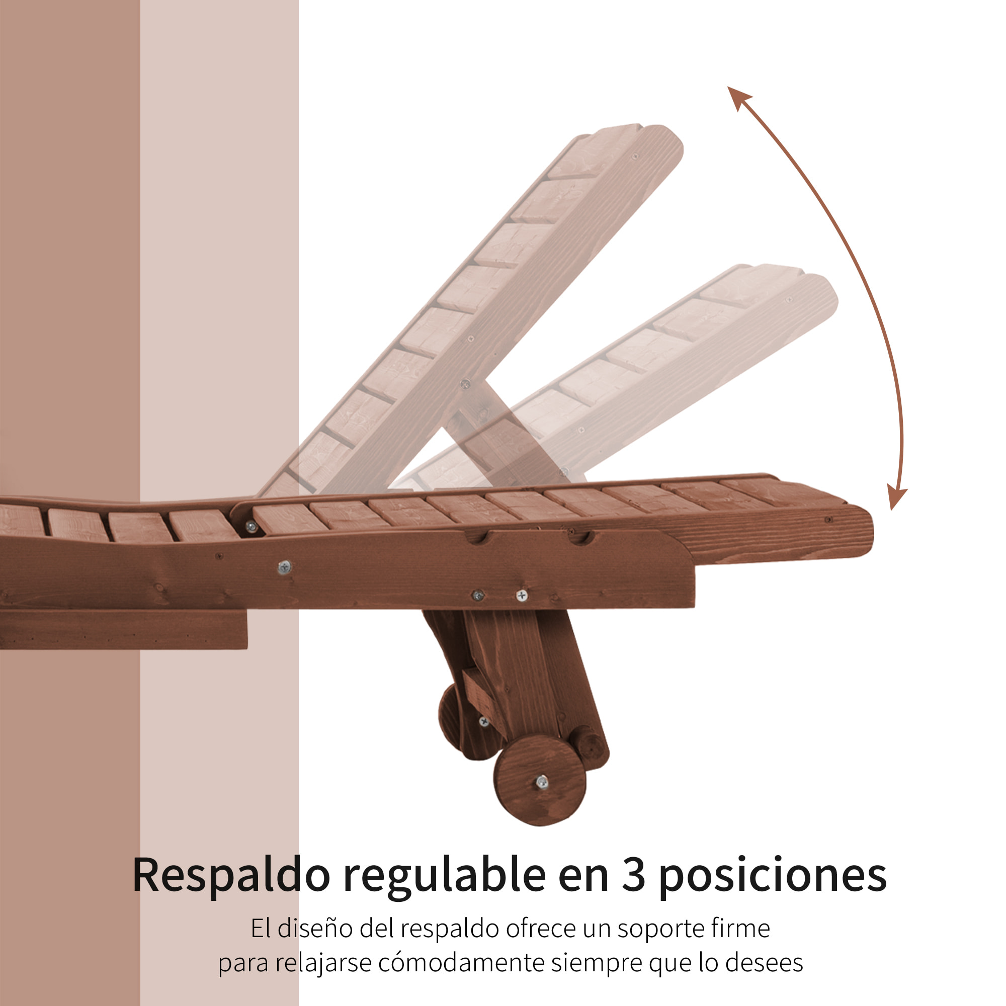 Tumbona de Madera Exterior Silla Reclinable de Jardín con 2 Ruedas Respaldo Ajustable en 3 Niveles y 1 Bandeja Carga 113 kg para Terraza Patio Natural