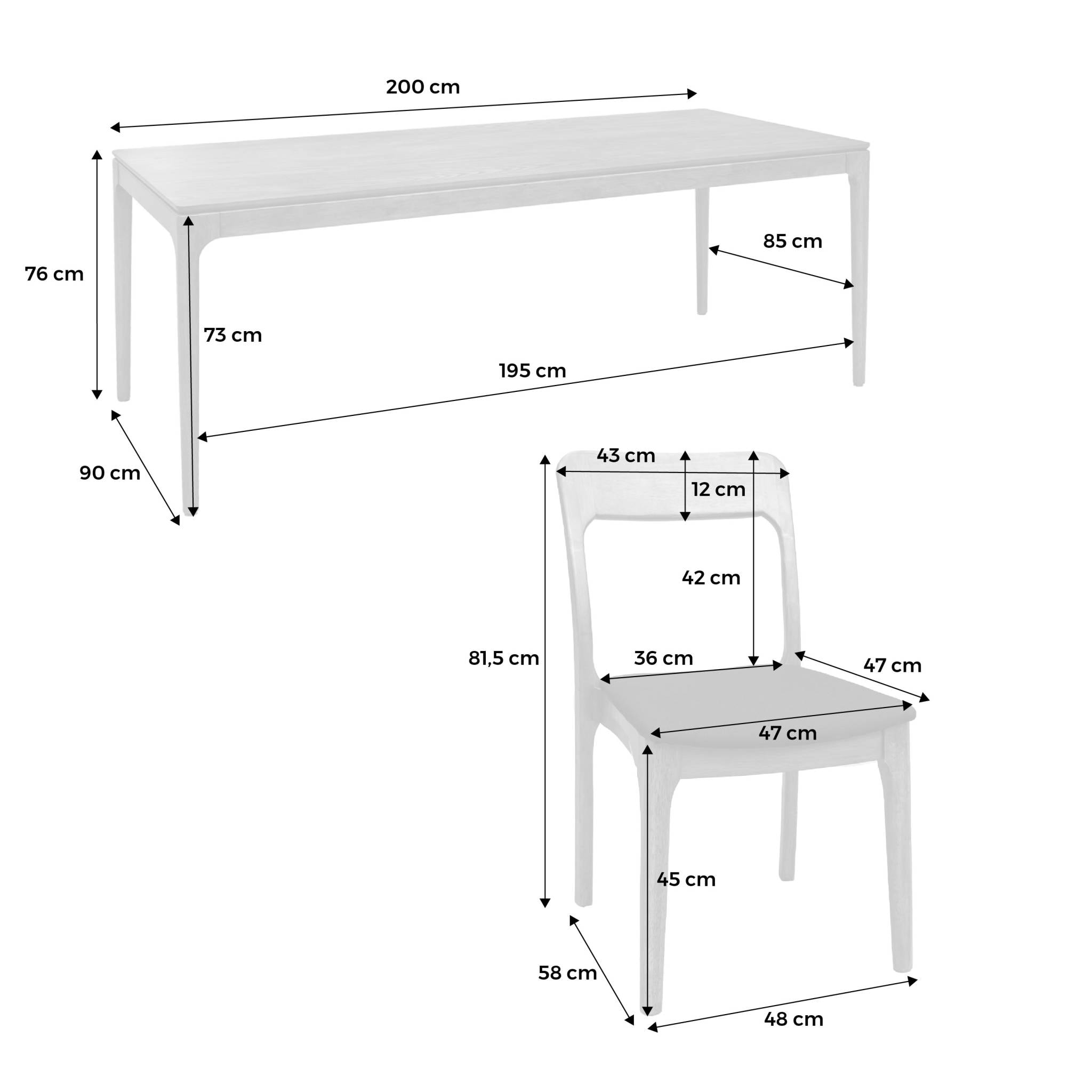 Table à manger ELENA rectangulaire en bois d'hévéa et placage frêne 200 cm. 8 chaises tissu noir. L 200 x P 90 x H 76cm