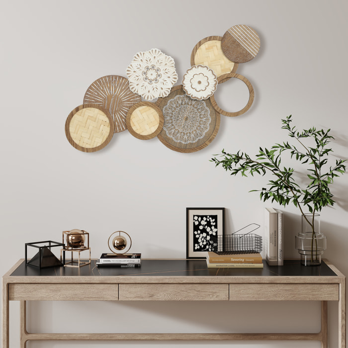 Décoration murale bois naturel géométrique 7 disques 2 fleurs - 83 x 44 cm