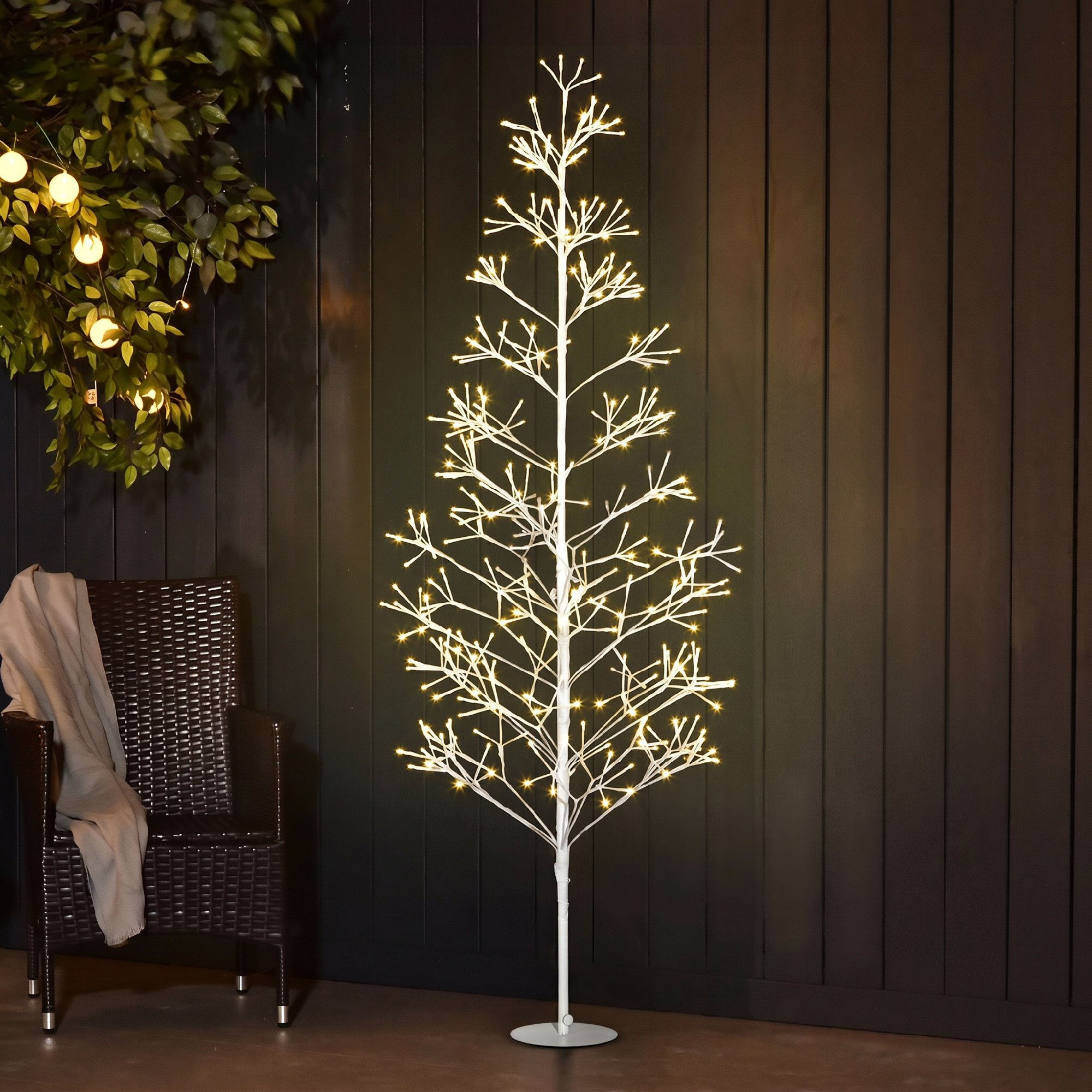Árbol de Navidad Artificial 180 cm, Lámpara de Árbol con 384 Luces LED Blanco Cálido, Ramas Flexibles, Base de Acero, Decoración Navidad para Interiores y Exteriores, Blanco