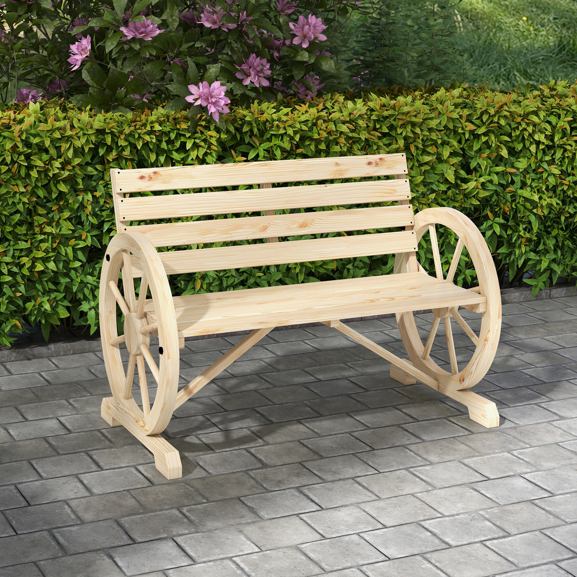 Banc de jardin 3 places accoudoirs Roues Charette en bois naturel