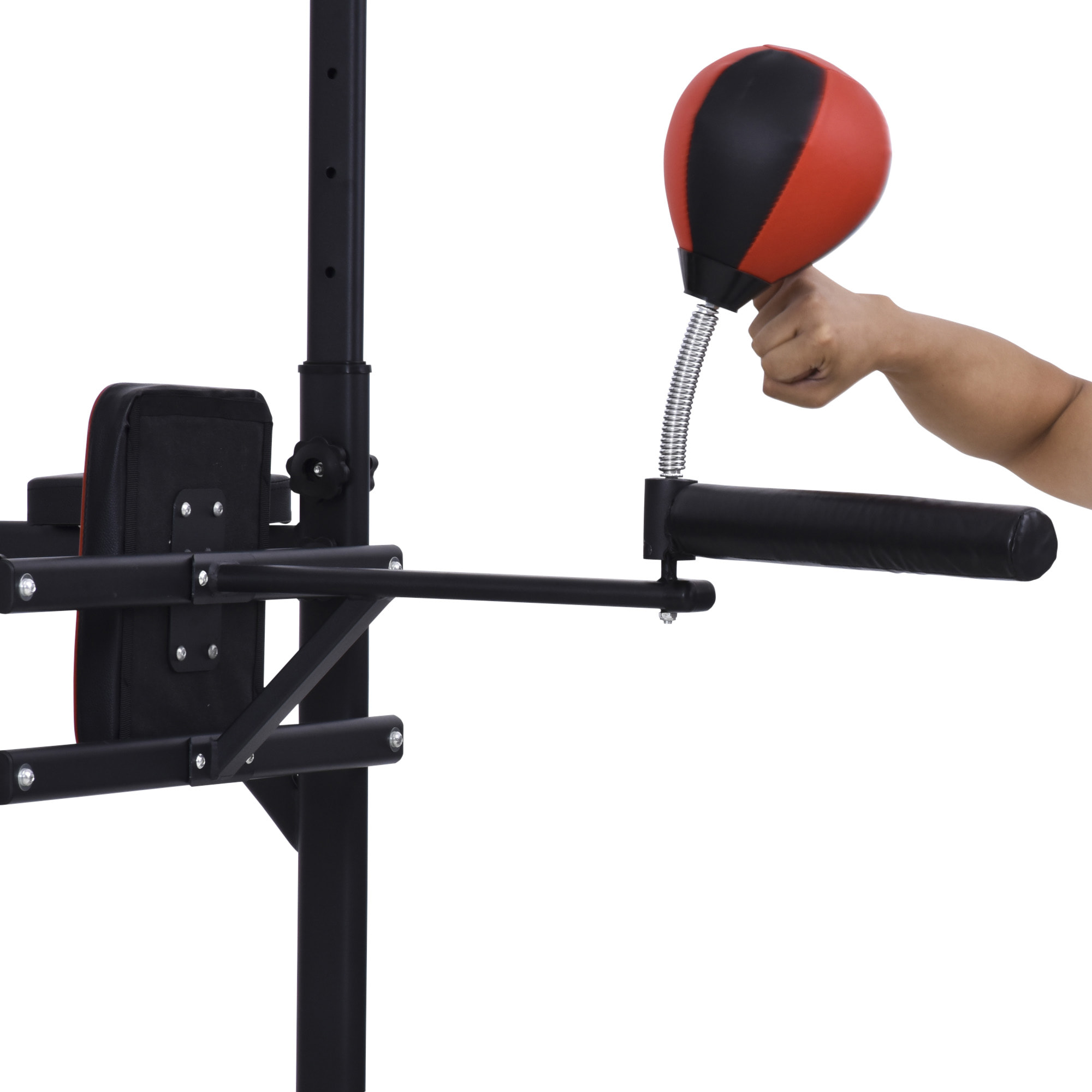 Station de traction musculation multifonctions punching ball chaise romaine hauteur réglable acier noir rouge