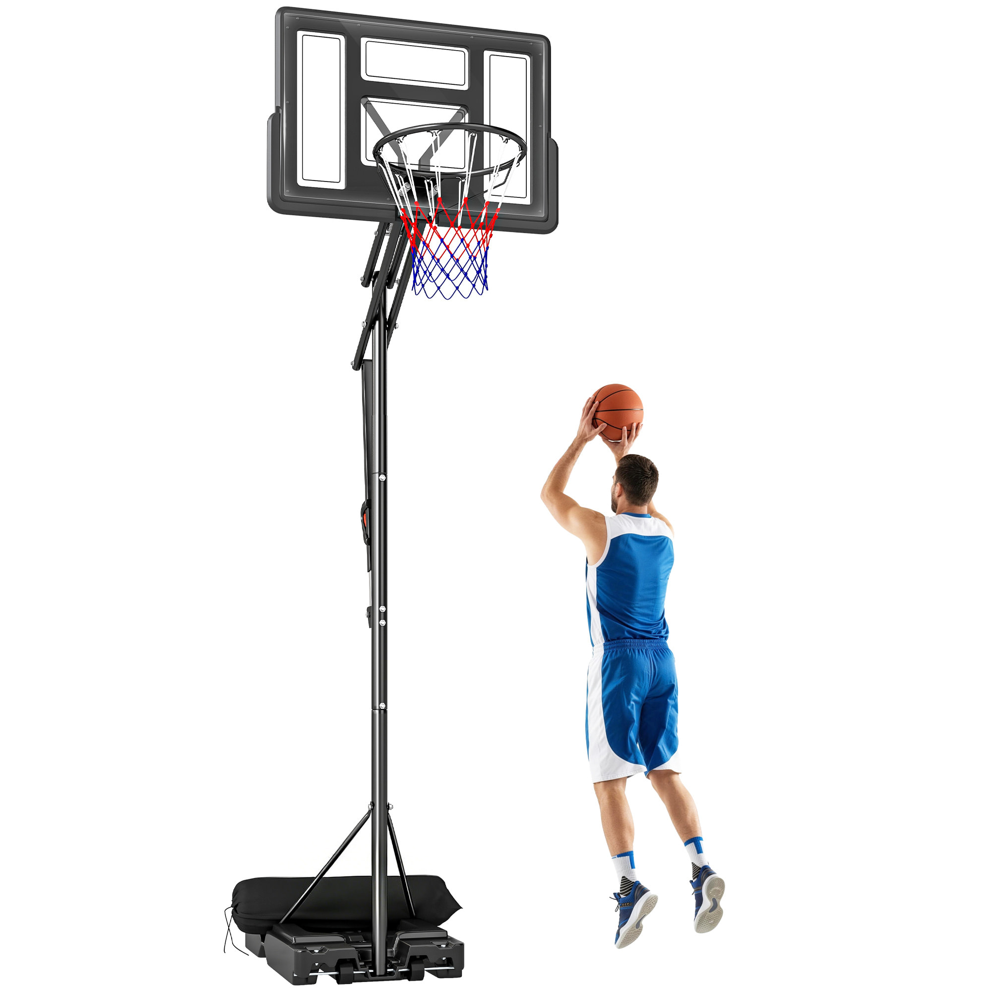 Canasta de Baloncesto para Exterior, Altura Ajustable de 5 Niveles, 235-305 cm, Canasta de Baloncesto Portátil con Ruedas, Base Rellenable y Bolsa de Peso, para Adultos y Adolescentes