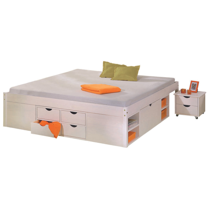 Letto matrimoniale con vani contenitore e comodino incluso con ruote, colore bianco, cm 186.5 x 47,5 x 209