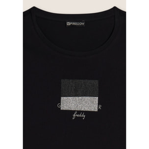 T-shirt con scritta Glamour in glitter