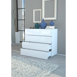 Comò moderno, Made in Italy, Mobiletto per Soggiorno e Camera, Credenza 4 cassetti, cm 98x40h82, colore Bianco lucido