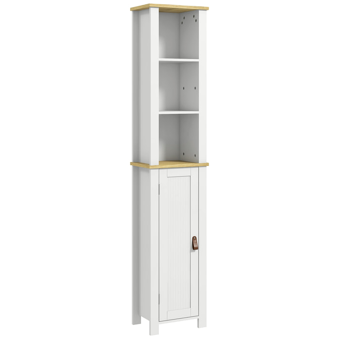 Meuble colonne rangement de salle de bain sur pied porte 2 étagères 3 niches aspect bois clair blanc