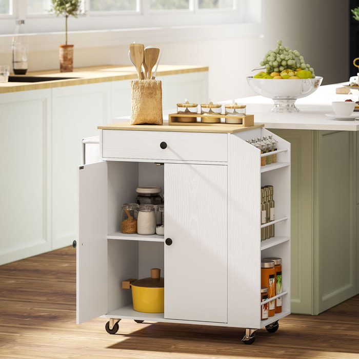 Isla de Cocina con Ruedas Carrito de Cocina Mueble Auxiliar de Cocina con 2 Puertas Cajón Especiero de 3 Niveles Toallero y Estante Ajustable 82x38x86,5 cm Blanco