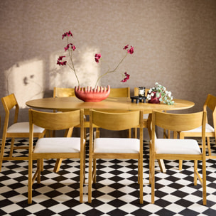 Table à manger oblongue extensible. 160-200cm + 8 chaises en bois d'hévéa et tissu beige