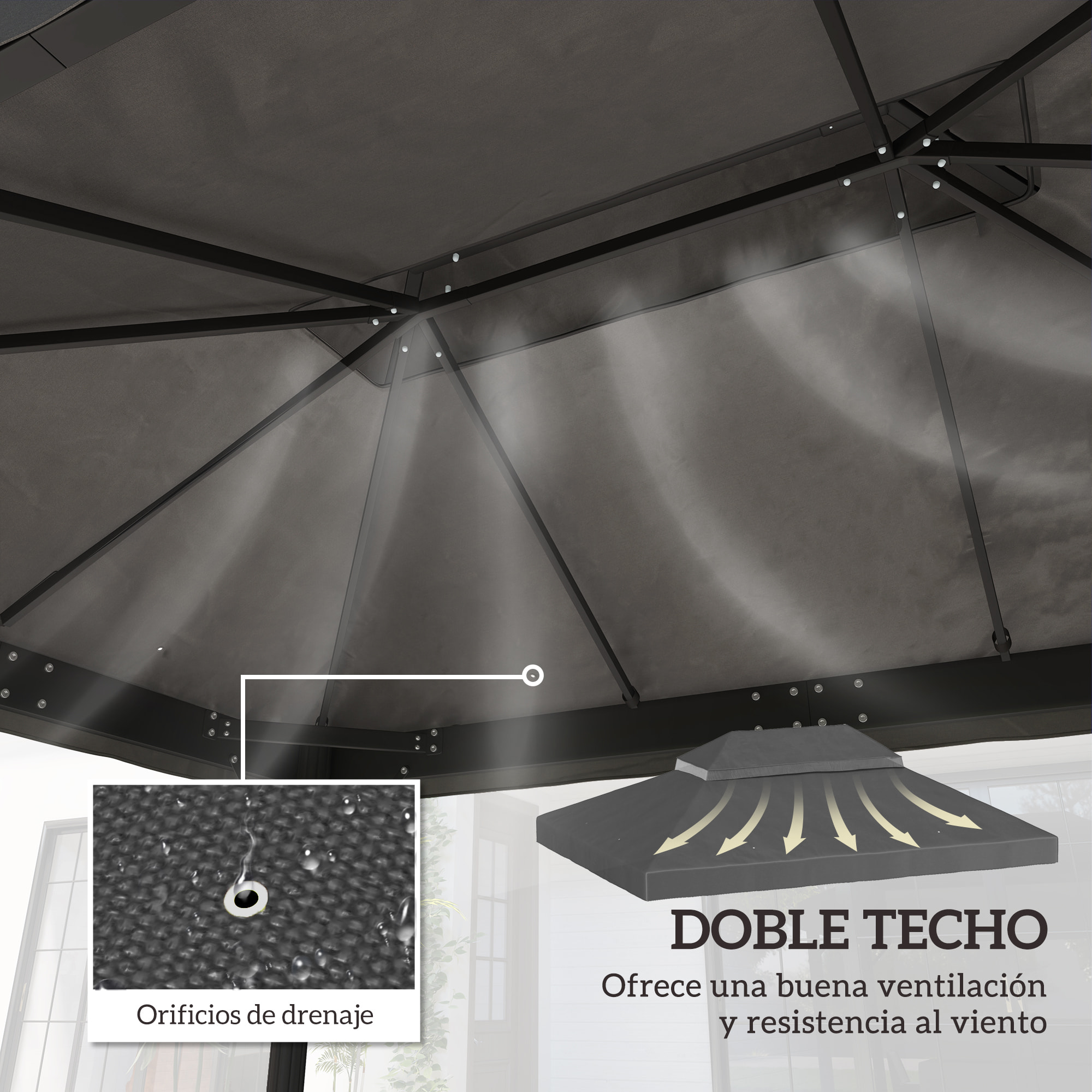 Techo de Repuesto para Cenador, 4x3 m, Cubierta de Repuesto con Techo Doble, Orificios de Drenaje y Protección UPF30+, SOLO Toldo de Recambio para Pabellón Gazebo, Gris Oscuro