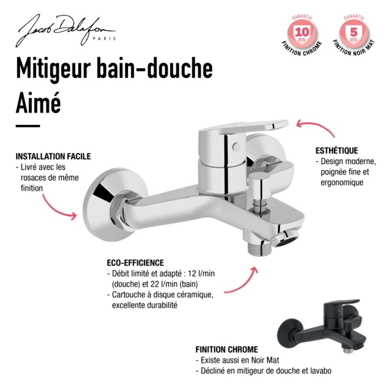 Mitigeur bain-douche Jacob Delafon Aimé chrome + Douchette Shift Ellipse 2 jets + Flexible lisse anti-torsion 1600