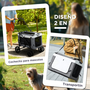 Carrito para Perros 2 en 1 Cochecito para Perros Pequeños Plegable Cochecito para Mascotas con Vagón Desmontable 4 Puertas con Cremallera 2 Correas de Seguridad y Cojín Gris