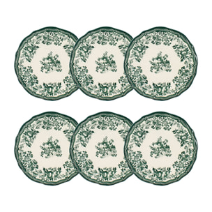 Lot de 6 assiettes plates fleuries en grès vert 26cm FAUSTINE
