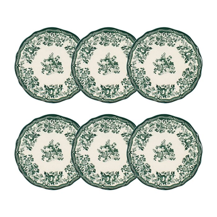 Lot de 6 assiettes plates fleuries en grès vert 26cm FAUSTINE