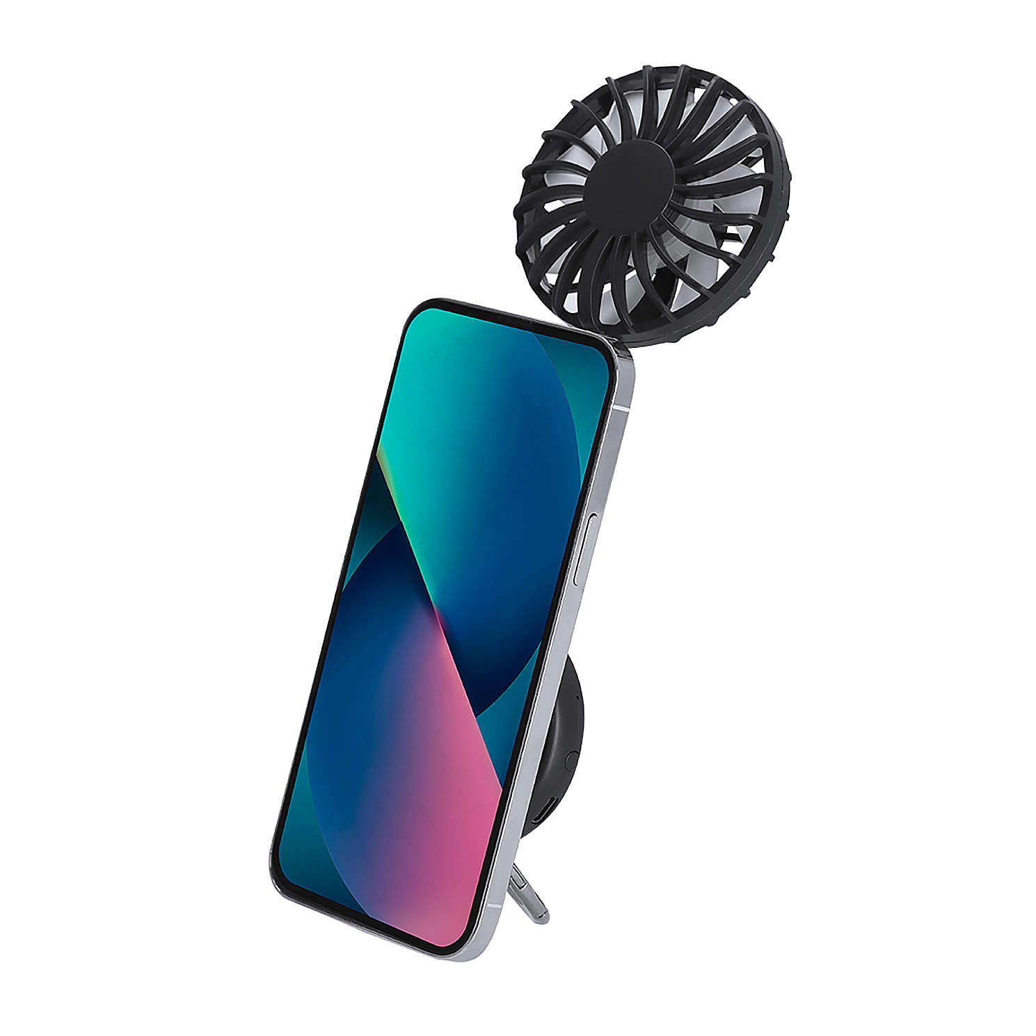Ventilatore multiposizione con rotazione di 360°, supporto regolabile e ventose per smartphone. Ha 3 velocità, con batteria ricaricabile da 300 mAh.